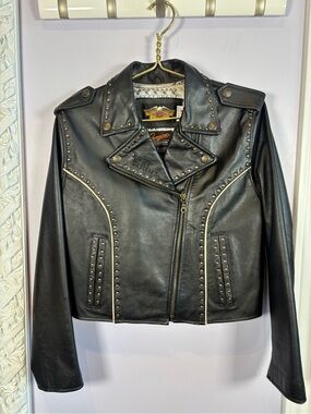 Harley-Davidson Vintage Black Studded Biker Leather Moto Jacket Size Large